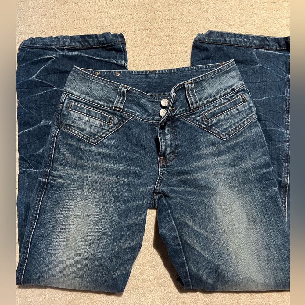 blue chevignon low rise flare jeans